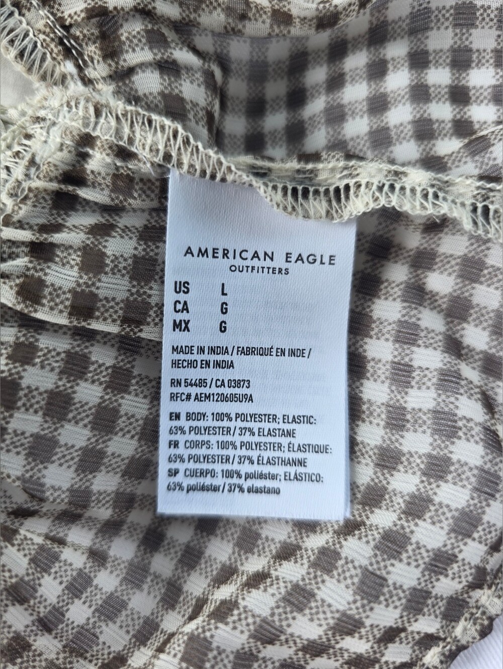 American Eagle Outfitters Women's L Brown/White Gingham Smocked Tie Cami Tank - Picture 3 of 9